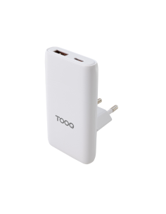 TooQ Cargador de viaje Tipo C y Tipo A, GaN 65W, USB-C/PD + USB-A/QC, Blanco 2