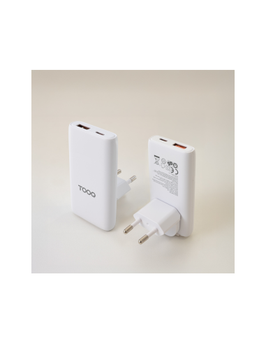 TooQ Cargador de viaje Tipo C y Tipo A, GaN 65W, USB-C/PD + USB-A/QC, Blanco