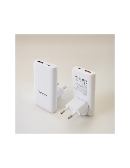 TooQ Cargador de viaje Tipo C y Tipo A, GaN 65W, USB-C/PD + USB-A/QC, Blanco