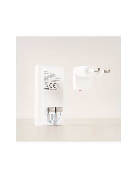 TooQ Cargador de viaje Tipo C y Tipo A, GaN 65W, USB-C/PD + USB-A/QC, Blanco