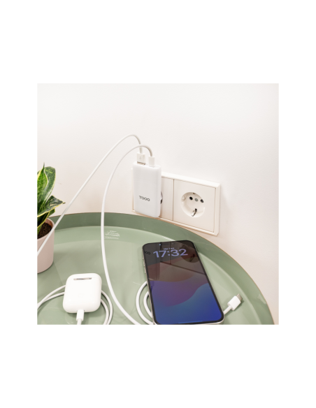TooQ Cargador de viaje Tipo C y Tipo A, GaN 65W, USB-C/PD + USB-A/QC, Blanco