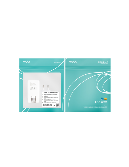 TooQ Cargador de viaje Tipo C y Tipo A, GaN 65W, USB-C/PD + USB-A/QC, Blanco
