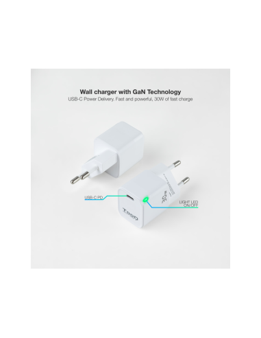 TooQ Cargador de Pared GAN USB-C/PD 30W, Blanco