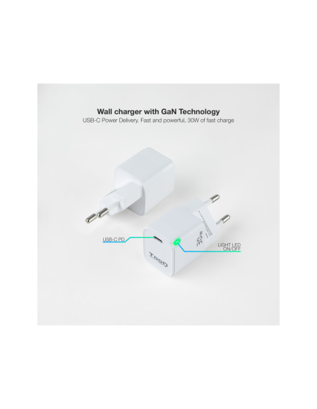 TooQ Cargador de Pared GAN USB-C/PD 30W, Blanco