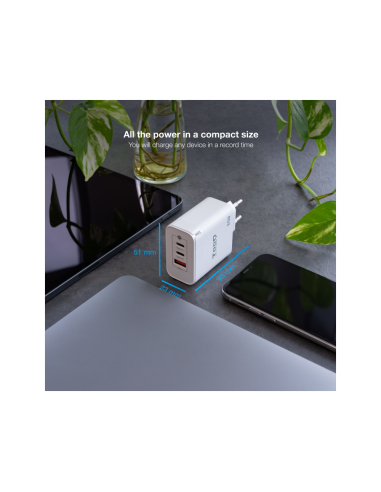 TooQ Cargador de Pared GaN 2USB-C/PD + USB-A/QC 65W, Blanco
