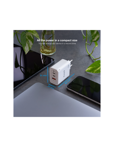 TooQ Cargador de Pared GaN 2USB-C/PD + USB-A/QC 65W, Blanco