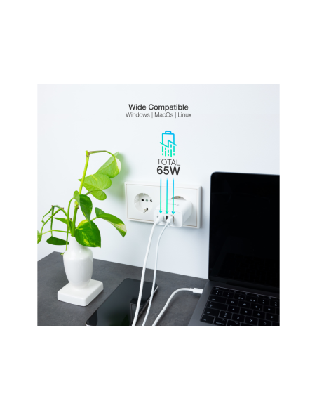 TooQ Cargador de Pared GaN 2USB-C/PD + USB-A/QC 65W, Blanco