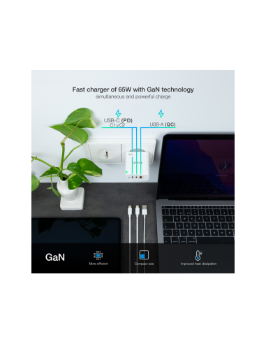 TooQ Cargador de Pared GaN 2USB-C/PD + USB-A/QC 65W, Blanco