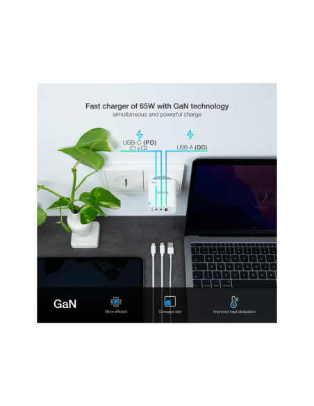 TooQ Cargador de Pared GaN 2USB-C/PD + USB-A/QC 65W, Blanco