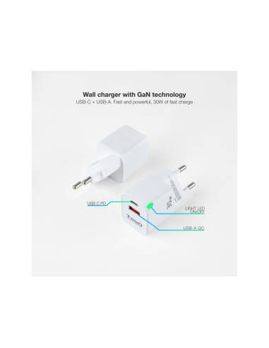 TooQ Cargador de Pared GaN USB-C/PD + USB-A/QC 30W, Blanco