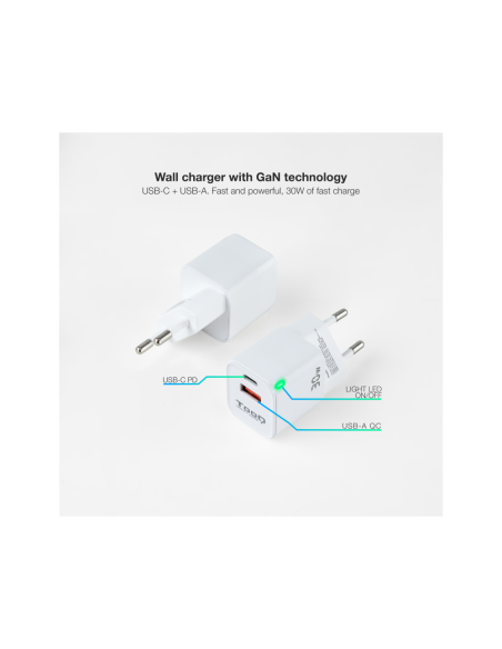 TooQ Cargador de Pared GaN USB-C/PD + USB-A/QC 30W, Blanco