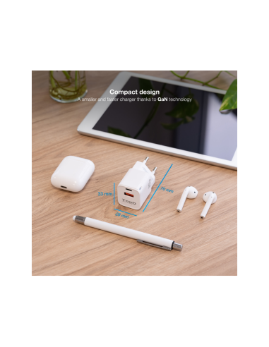 TooQ Cargador de Pared GaN USB-C/PD + USB-A/QC 30W, Blanco