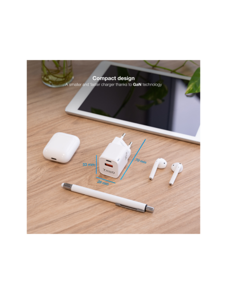TooQ Cargador de Pared GaN USB-C/PD + USB-A/QC 30W, Blanco