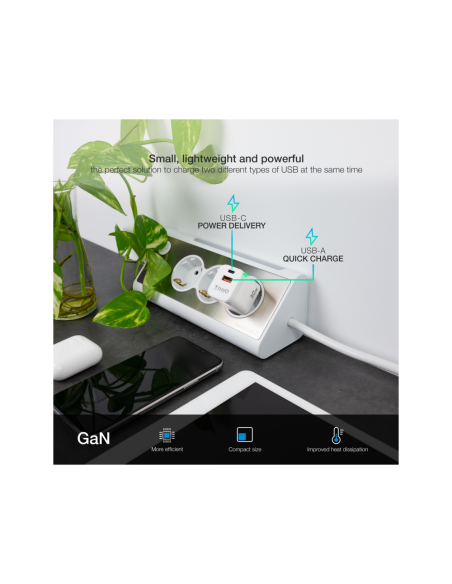 TooQ Cargador de Pared GaN USB-C/PD + USB-A/QC 30W, Blanco