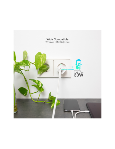 TooQ Cargador de Pared GaN USB-C/PD + USB-A/QC 30W, Blanco