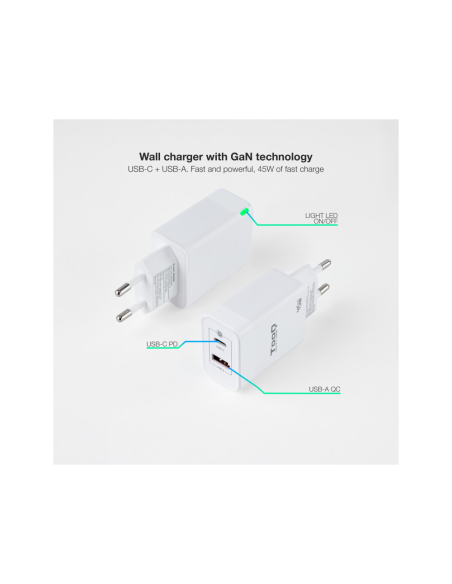 TooQ Cargador de Pared GaN USB-C/PD + USB-A/QC 45W, Blanco