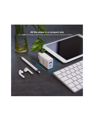 TooQ Cargador de Pared GaN USB-C/PD + USB-A/QC 45W, Blanco