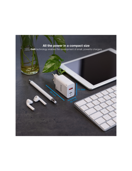 TooQ Cargador de Pared GaN USB-C/PD + USB-A/QC 45W, Blanco