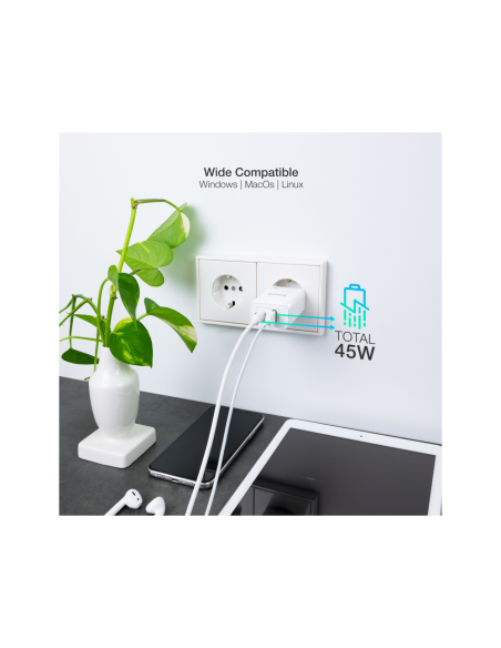 TooQ Cargador de Pared GaN USB-C/PD + USB-A/QC 45W, Blanco
