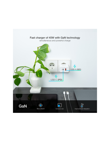 TooQ Cargador de Pared GaN USB-C/PD + USB-A/QC 45W, Blanco