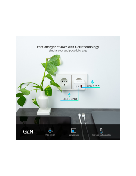 TooQ Cargador de Pared GaN USB-C/PD + USB-A/QC 45W, Blanco