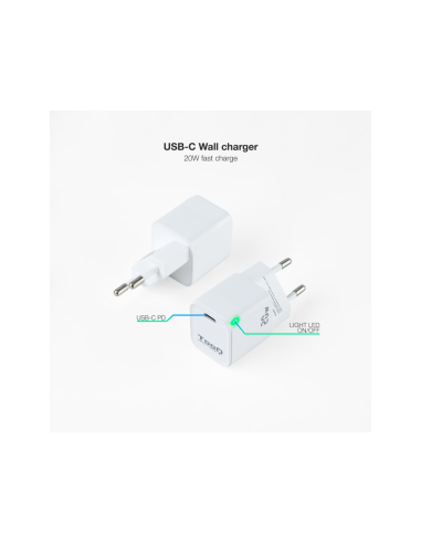 TooQ Cargador de Pared USB-C PD20W, Blanco