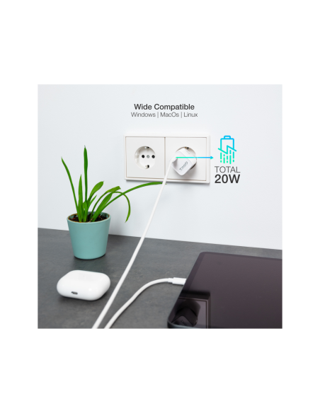 TooQ Cargador de Pared USB-C PD20W, Blanco