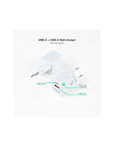 TooQ Cargador de Pared USB-C/PD + USB-A/QC 20W, Blanco