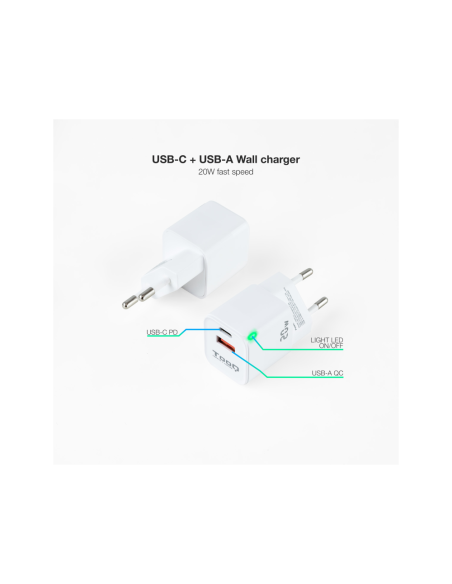 TooQ Cargador de Pared USB-C/PD + USB-A/QC 20W, Blanco
