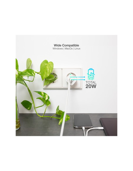 TooQ Cargador de Pared USB-C/PD + USB-A/QC 20W, Blanco