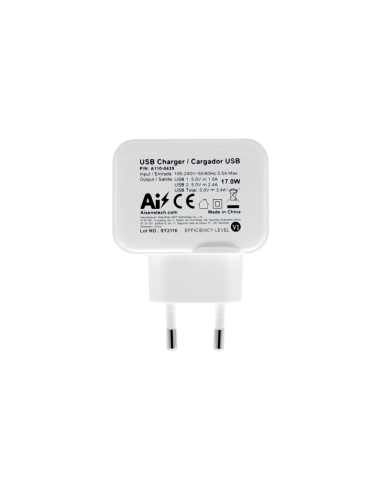 AISENS Cargador USB 17W 5V/3.4A, 2xUSB Con Control AI, Blanco