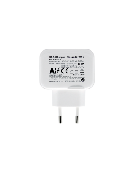AISENS Cargador USB 17W 5V/3.4A, 2xUSB Con Control AI, Blanco