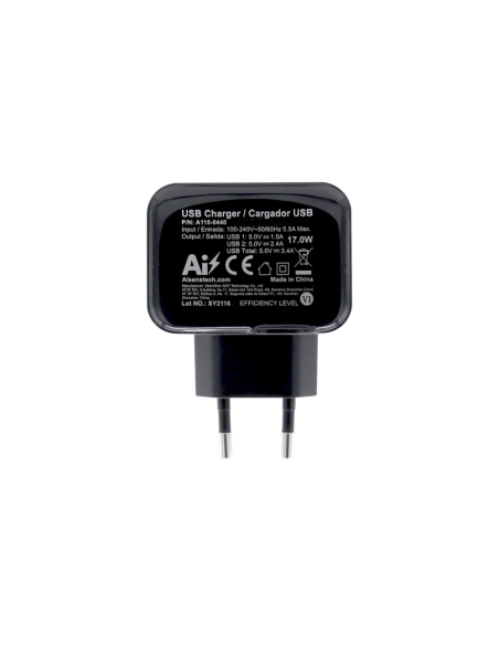 AISENS Cargador USB 17W 5V/3.4A, 2xUSB Con Control AI, Negro