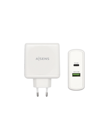 AISENS Cargador 48 W, 1x USB-C PD3.0 30 W, 1x USB-A QC3.0 18 W, Blanco