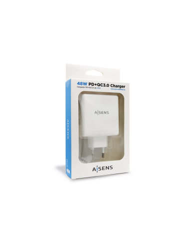 AISENS Cargador 48 W, 1x USB-C PD3.0 30 W, 1x USB-A QC3.0 18 W, Blanco
