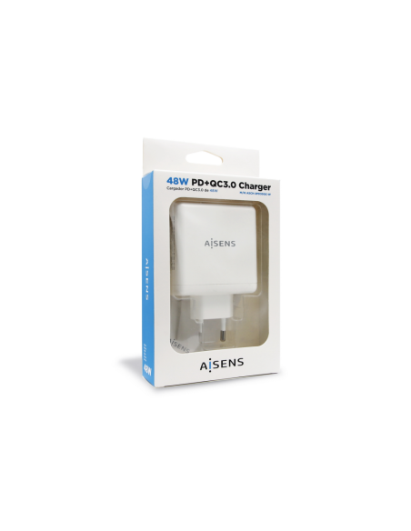 AISENS Cargador 48 W, 1x USB-C PD3.0 30 W, 1x USB-A QC3.0 18 W, Blanco