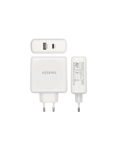 AISENS Cargador 57 W, 1x USB-C PD3.0 45 W, 1x USB-A 5 V / 2.4 A 12 W, Blanco