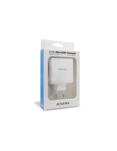 AISENS Cargador 57 W, 1x USB-C PD3.0 45 W, 1x USB-A 5 V / 2.4 A 12 W, Blanco