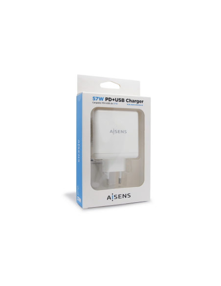 AISENS Cargador 57 W, 1x USB-C PD3.0 45 W, 1x USB-A 5 V / 2.4 A 12 W, Blanco
