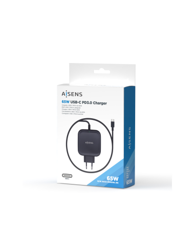 AISENS Cargador 65W PD3.0 QC3.0 1XUSB-C 1.2M, Negro