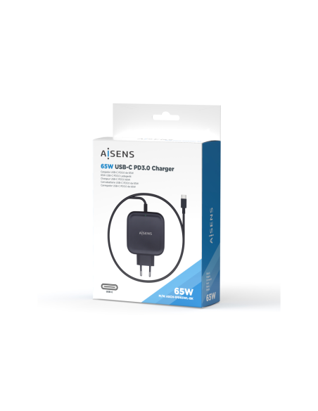 AISENS Cargador 65W PD3.0 QC3.0 1XUSB-C 1.2M, Negro