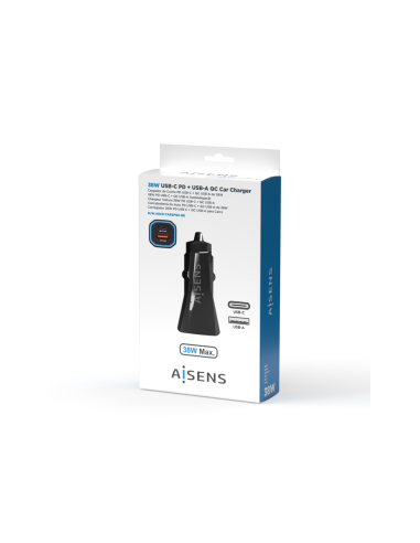 AISENS Cargador de Coche 38W,1XUSB-C PD3.0 20W,1XUSB-A QC3.0 18W, Negro