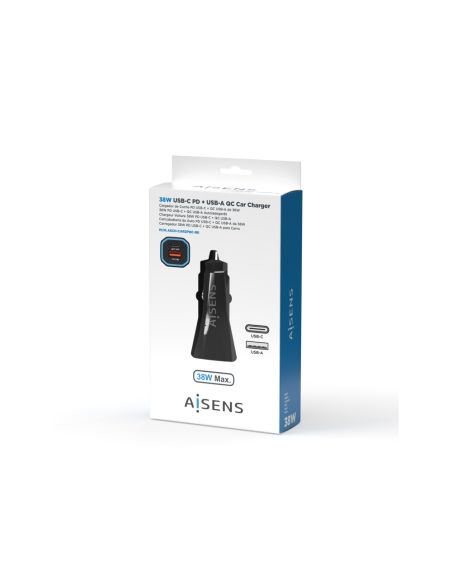 AISENS Cargador de Coche 38W,1XUSB-C PD3.0 20W,1XUSB-A QC3.0 18W, Negro