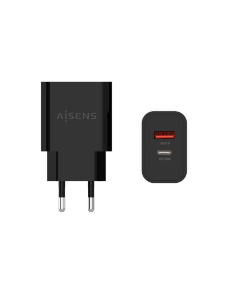 AISENS Cargador 20W, 1xUSB-C PD3.0, 1xUSB-A QC3.0, Negro
