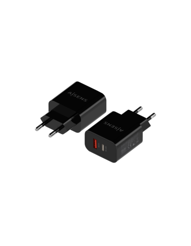 AISENS Cargador 20W, 1xUSB-C PD3.0, 1xUSB-A QC3.0, Negro