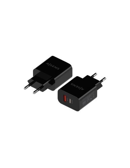 AISENS Cargador 20W, 1xUSB-C PD3.0, 1xUSB-A QC3.0, Negro