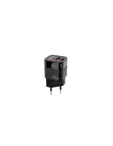 TooQ Cargador de Pared USB-C/PD + USB-A/QC 20W, Negro