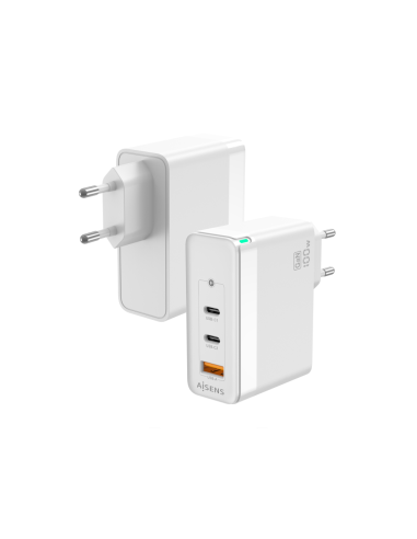 AISENS Cargador Gan 100W, 2xUSB-C PD3.0 QC4.0 QC5.0, 1xUSB-A QC3.0, Blanco
