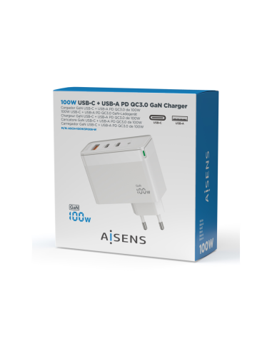 AISENS Cargador Gan 100W, 2xUSB-C PD3.0 QC4.0 QC5.0, 1xUSB-A QC3.0, Blanco