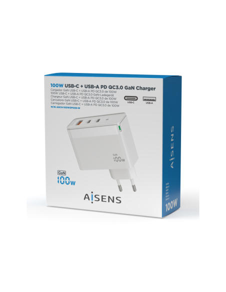 AISENS Cargador Gan 100W, 2xUSB-C PD3.0 QC4.0 QC5.0, 1xUSB-A QC3.0, Blanco
